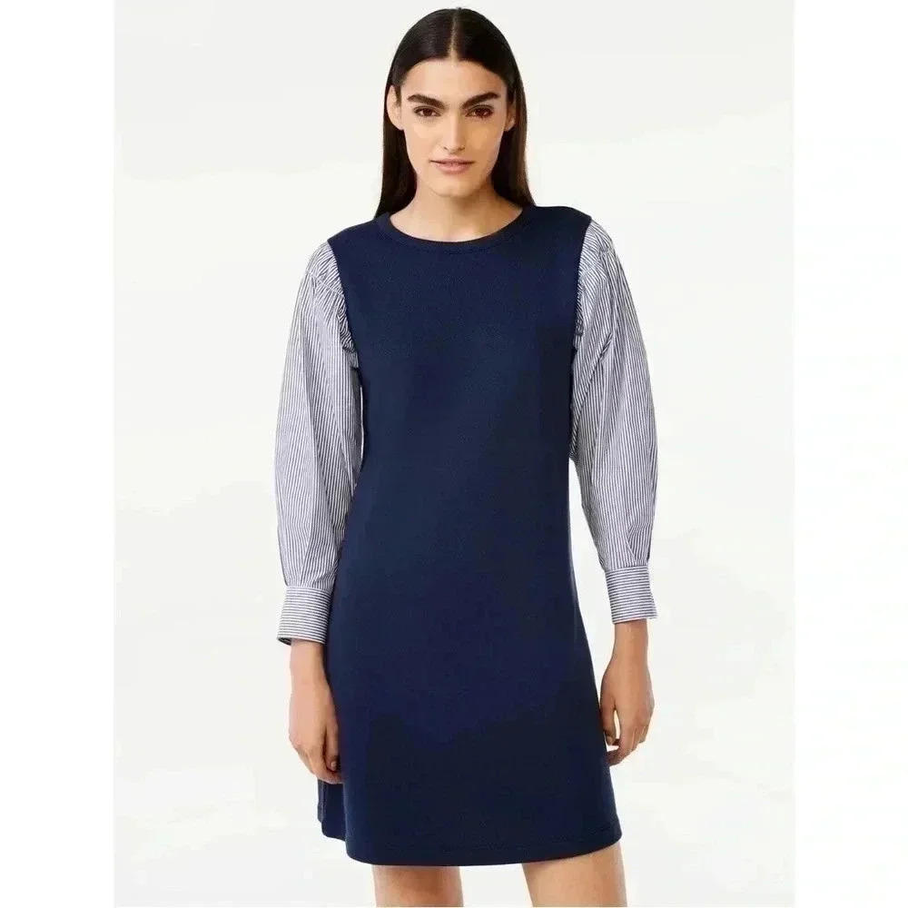 Free Assembly Smocked Navy Mini Dress with Square Shoulders Size S